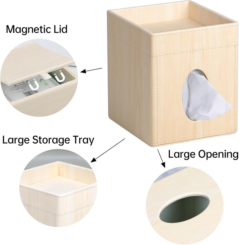 Cretkhp Tissue Box Cover, PU Leather Square Tissue Box Holder with Storage Tray for Bathroom Vanity Countertop Night Stands Bedroom Office Desk, Stylish Tissue Holder Decorative Organizer (White Oak) - Image 4